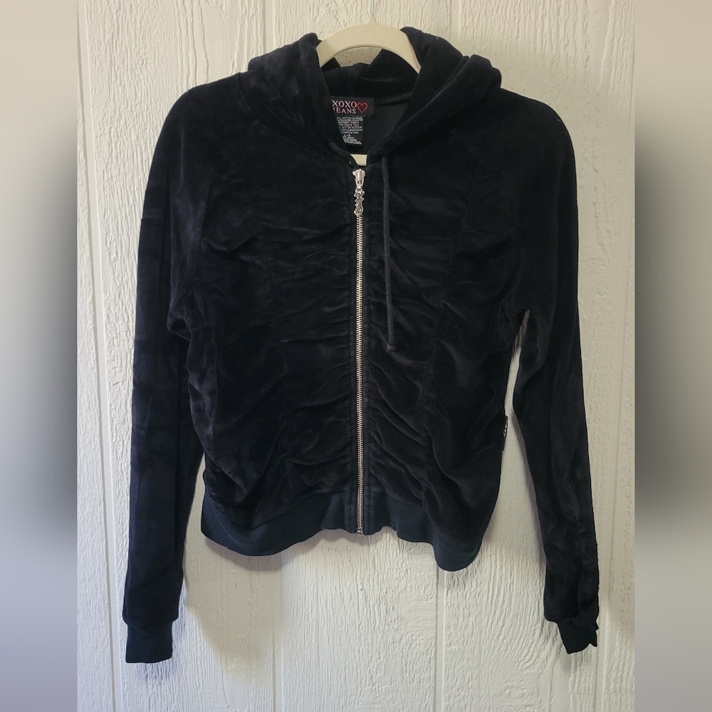 XOXO Y2K Black Velour Zipup Hoodie Size Large